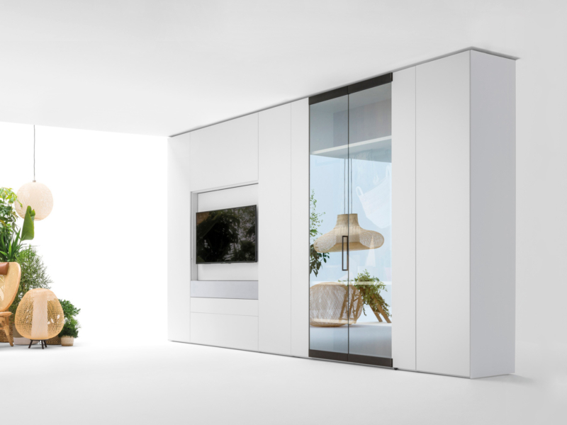 Living area composition with glass doors
