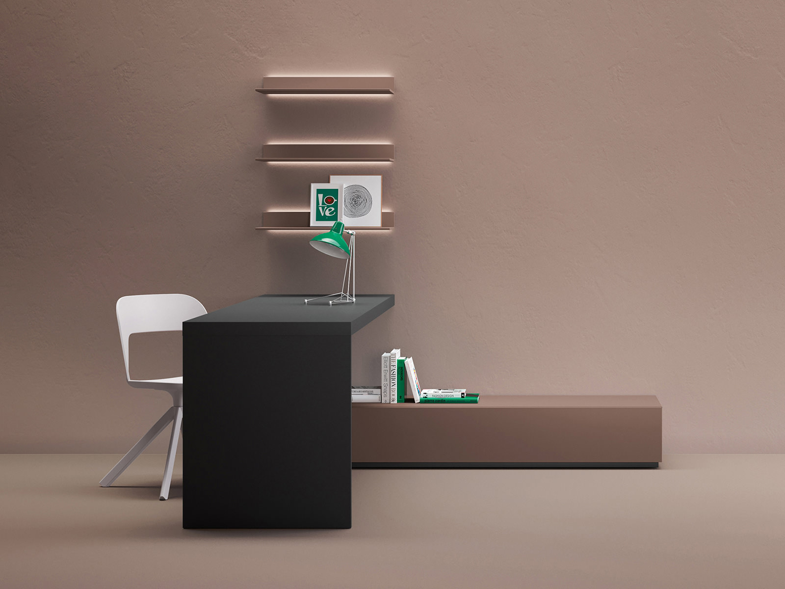 Available in different colours and finishes, Poly with panelled leg is also semi-hung: it hooks onto one side of your wall and becomes part of it, creating a practical working station corner. In combination with Luxline or Rail, it becomes the perfect solution for keeping everything within reach... just like in the office.